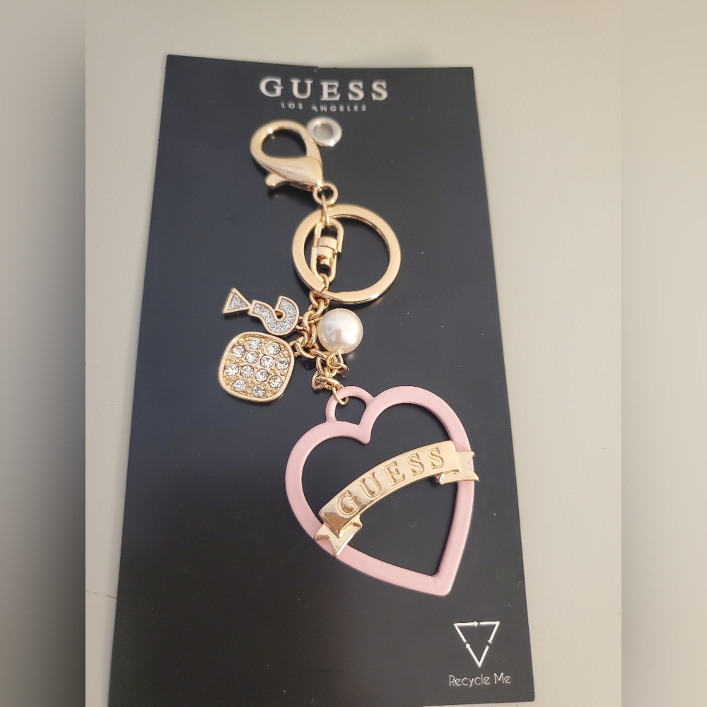 Guess Pink Heart & Gold Toned Keychain With Iconic Guess Logo NWT